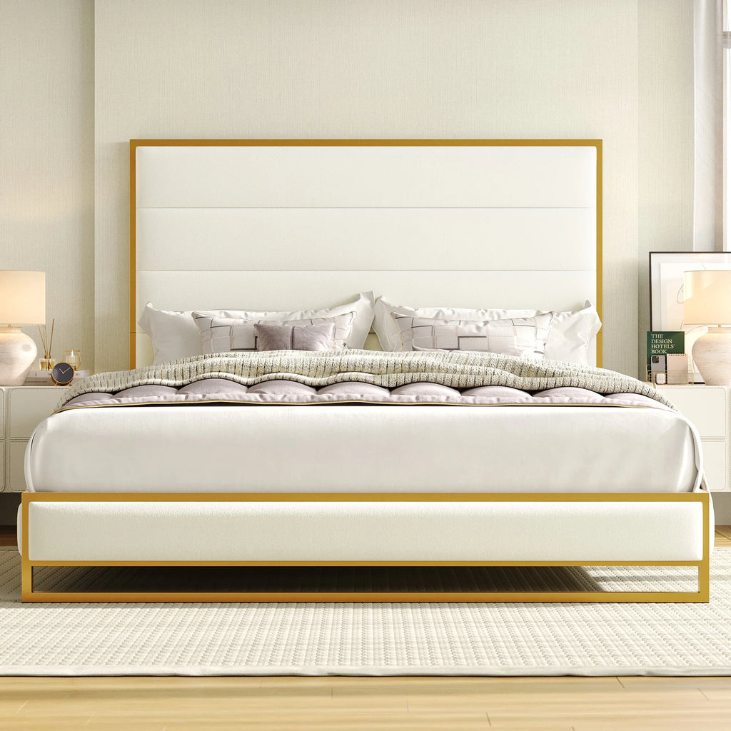 King Size Off-white Velvet Upholstered Platform Bed R742251