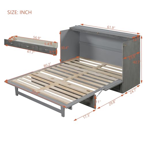 Full Size Solid Pine Murphy Bed with USB and Storage Drawer M588026