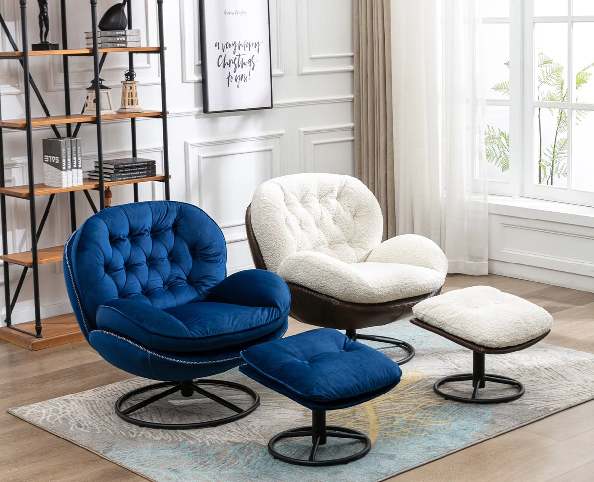 White Faux Fur Swivel Accent Chair with Ottoman P8130