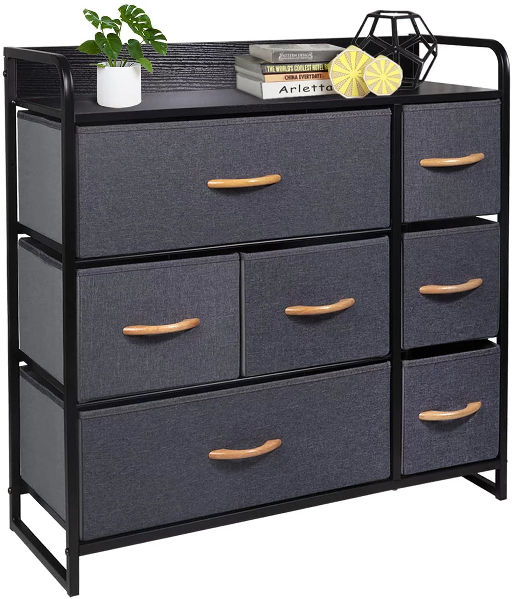 Fabric Storage Dresser with 7 Drawers, Metal Frame and Wooden Top, Dark Grey H3269
