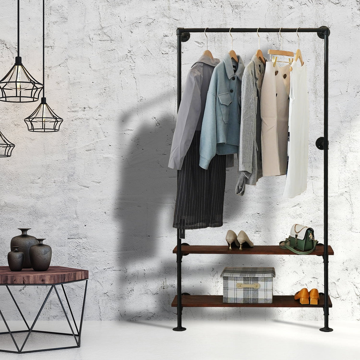 Black 2 Tier Wall Mounted Clothing Rack with Shelves A47448