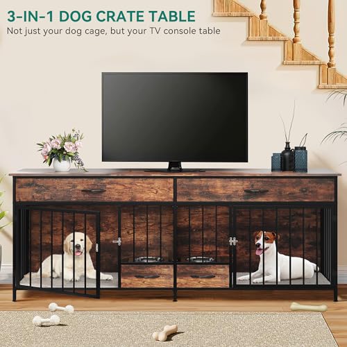 Brown Wooden Double Dog Crate Furniture with Drawers W452