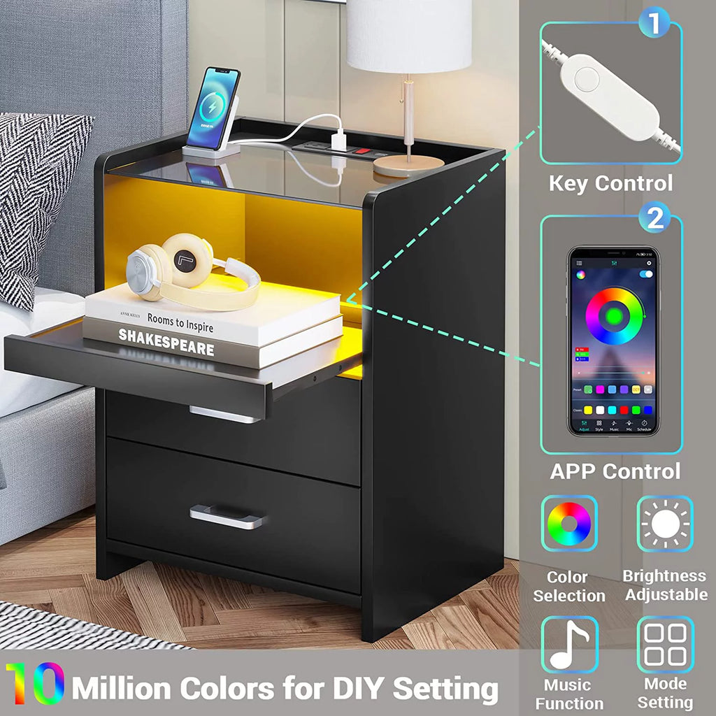 Black 2 Drawer Nightstand with Charging Station and LED Light D729