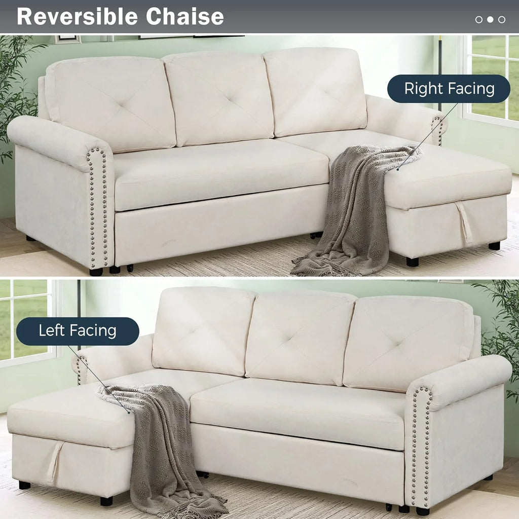 Beige L-Shape Convertible Sleeper Sofa Bed with Storage Chaise K225