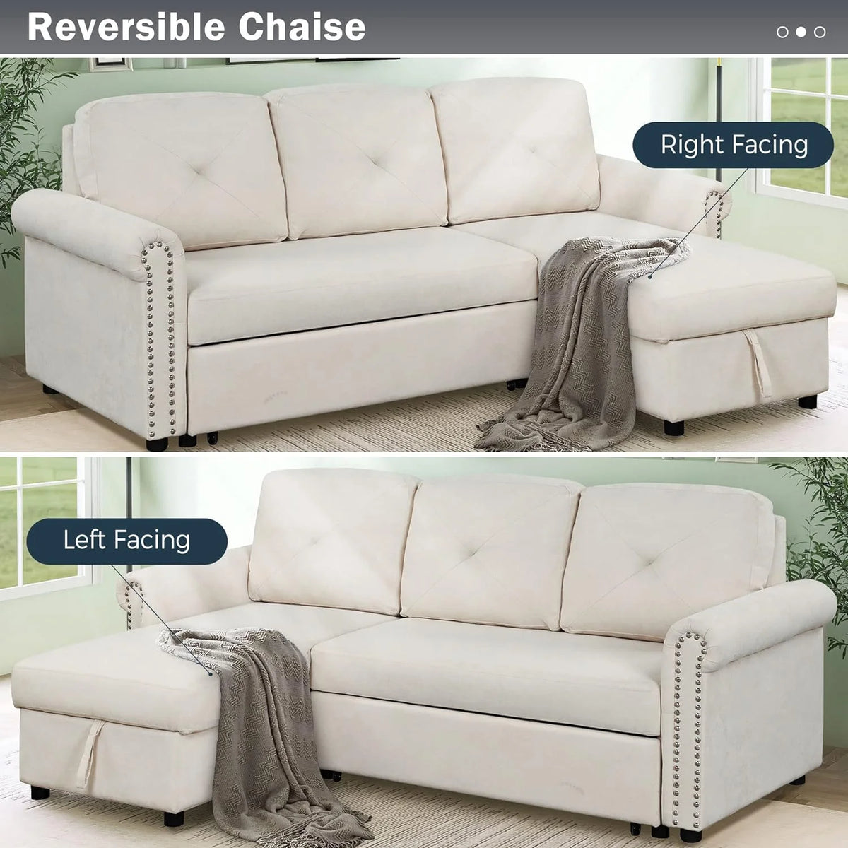 Beige L-Shape Convertible Sleeper Sofa Bed with Storage Chaise K225