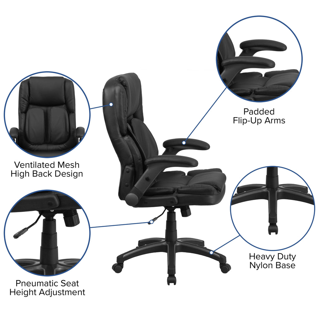 Black LeatherSoft Executive Swivel Ergonomic Office Chair with Flip-Up Arms K358