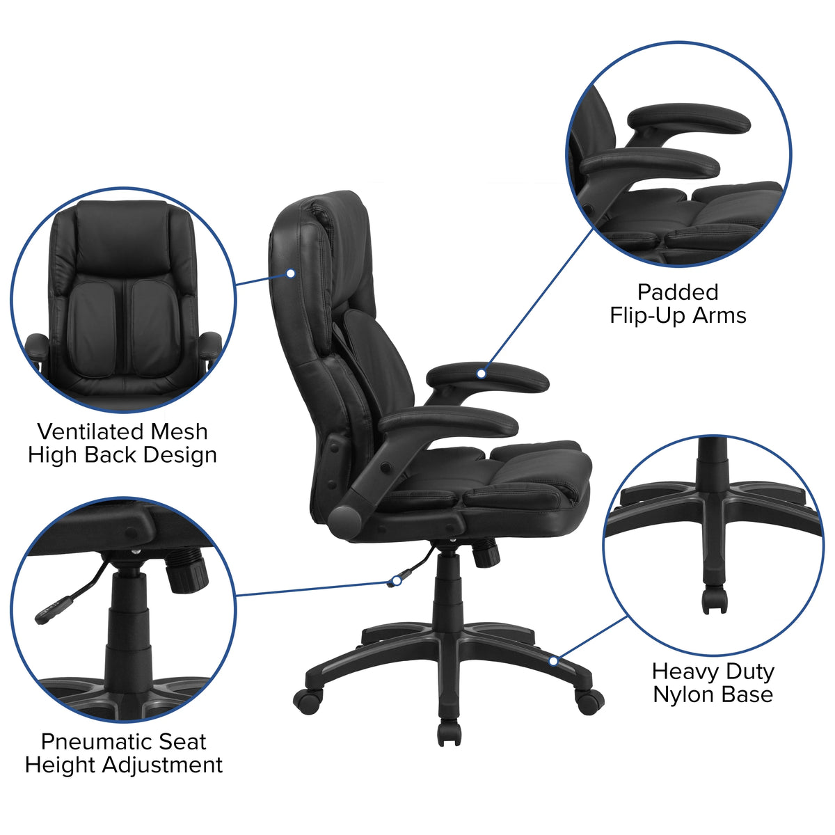 Black LeatherSoft Executive Swivel Ergonomic Office Chair with Flip-Up Arms K358