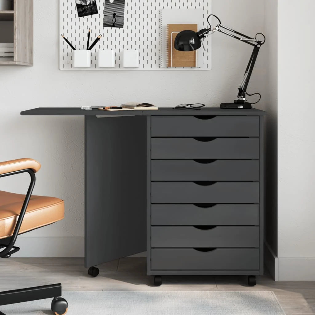 Rolling Cabinet with Desk, Foldable, Gray Solid Wood Pine F12836