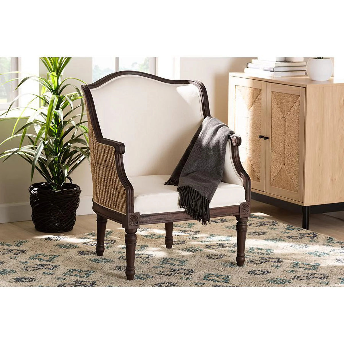 Beige Fabric and Dark Brown Wood Accent Chair W76739