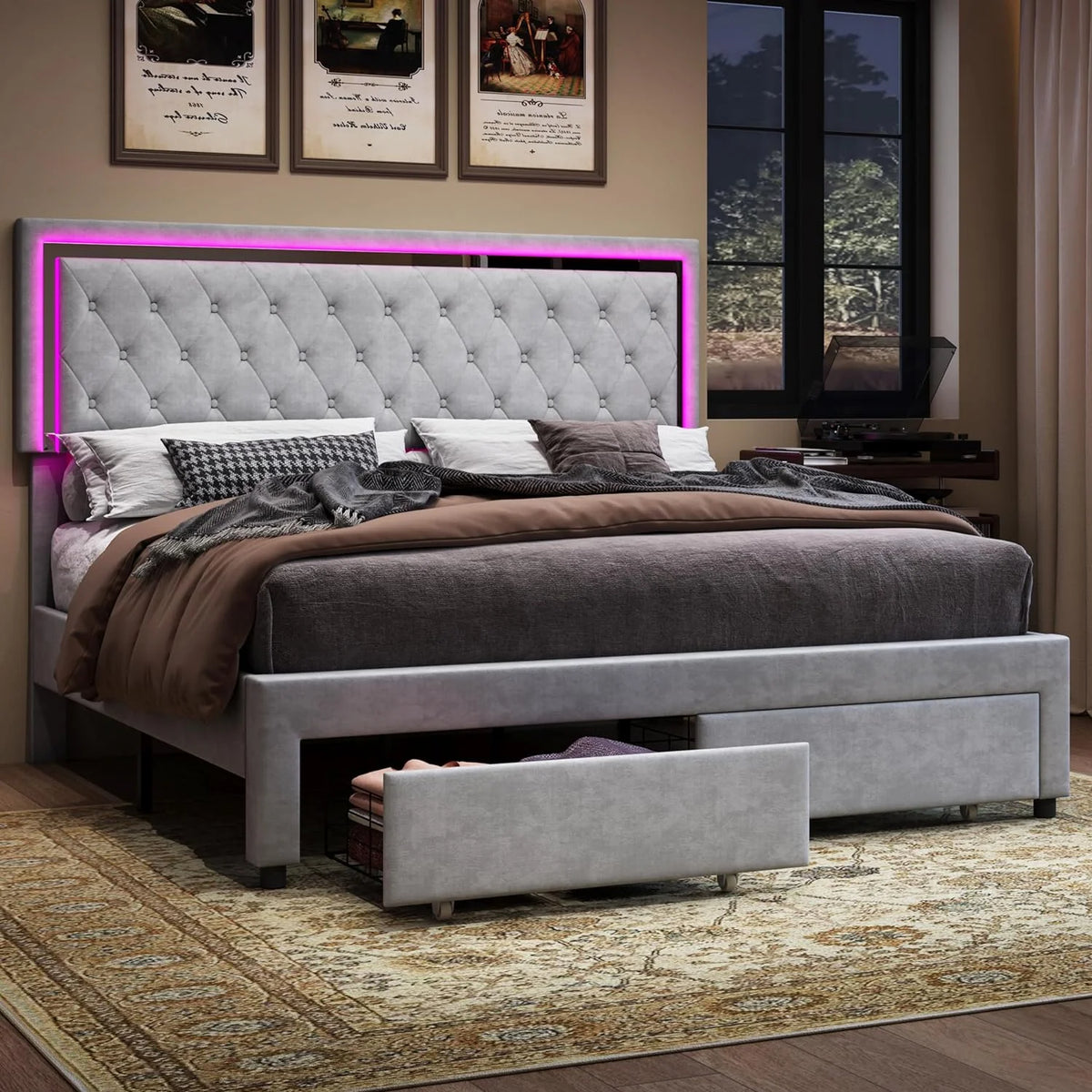 Queen Size Velvet Upholstered Platform Bed with Storage Drawers F295