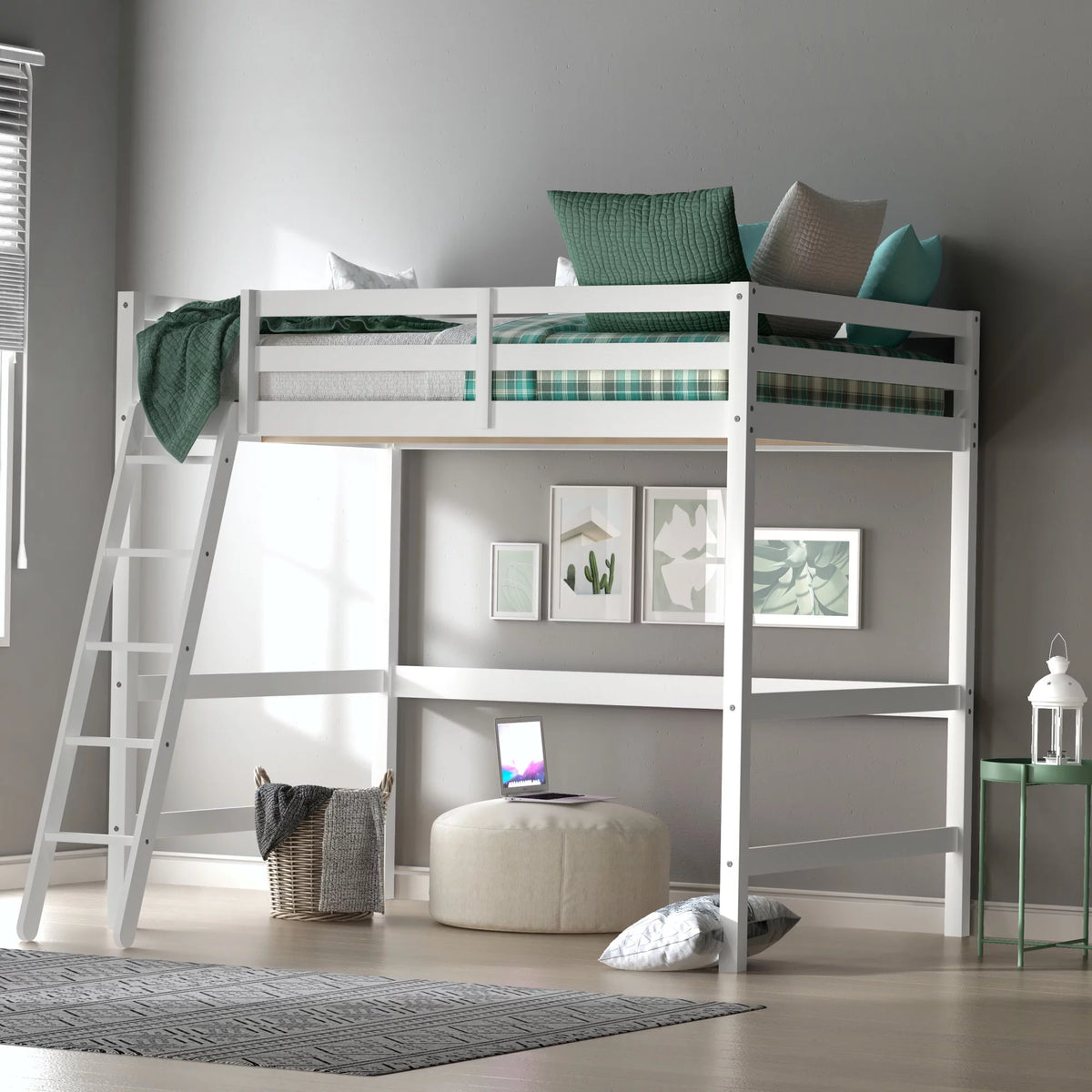 White Wood Full Loft Bunk Bed with Ladder A445