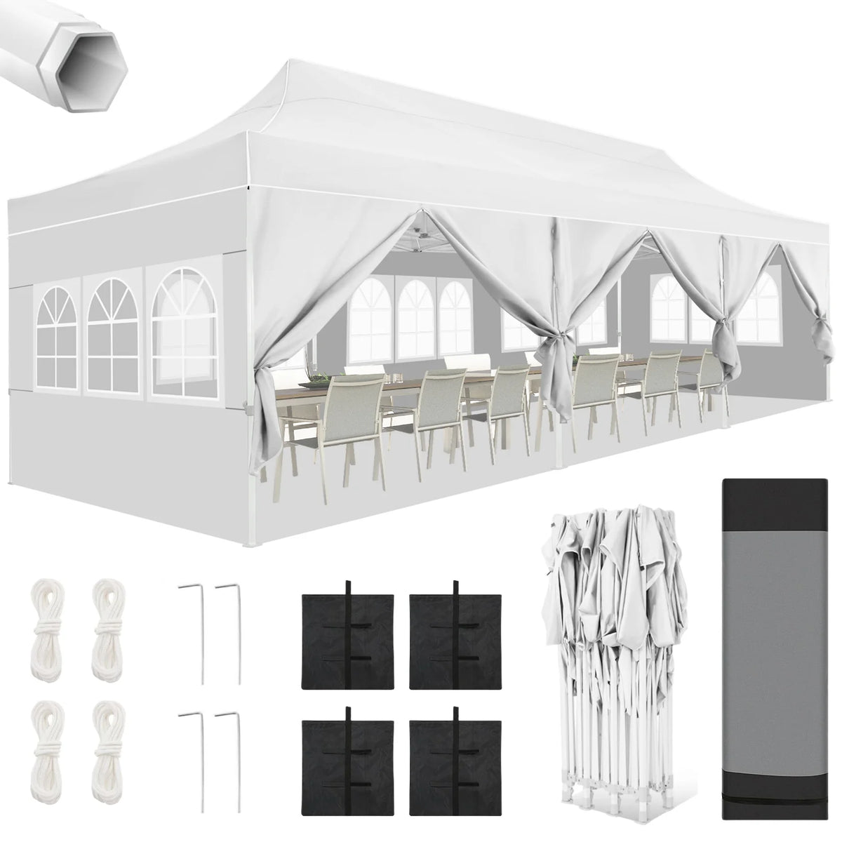 10'x30' Heavy Duty Waterproof Pop Up Canopy with 8 Removable Sidewalls, White M722