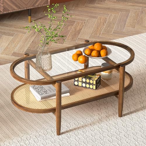 Black 2-Tier Oval Rattan Coffee Table with Tempered Glass F514294
