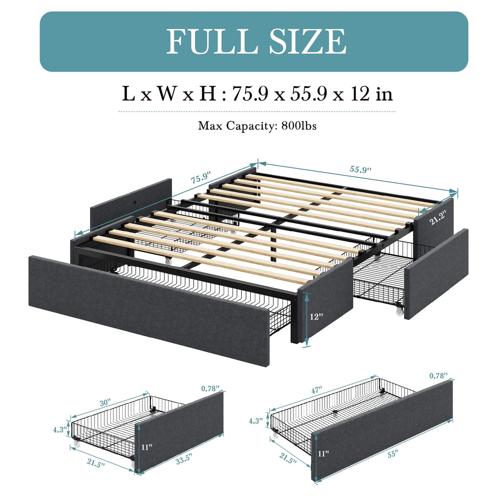 Dark Grey Full Size Platform Bed Frame with 3 Storage Drawers Q354