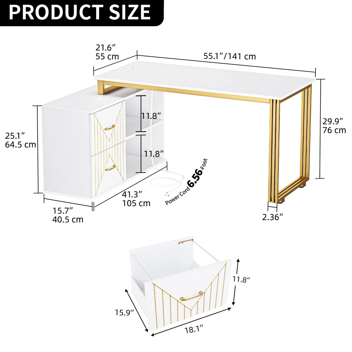 White 55 Inch L Shaped Corner Desk with Drawers and Storage Shelves M7408