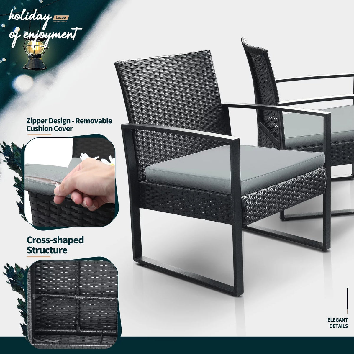 3 Pieces Cushioned PE Rattan Bistro Chairs Set of 2 with Coffee Table M323