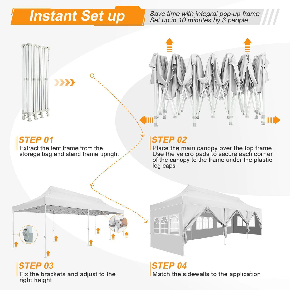 10'x30' Heavy Duty Waterproof Pop Up Canopy with 8 Removable Sidewalls, White M722