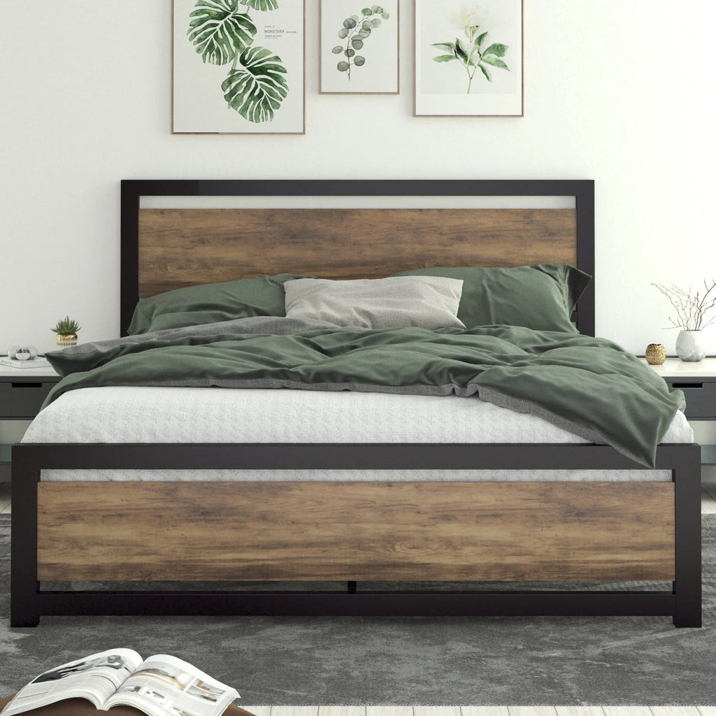 Queen Size Metal Platform Bed Frame with Wooden Headboard & Footboard U7603