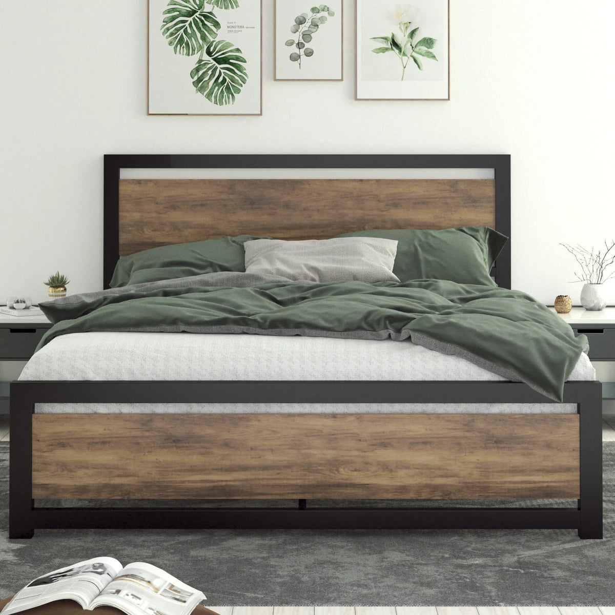 Queen Size Metal Platform Bed Frame with Wooden Headboard & Footboard U7603