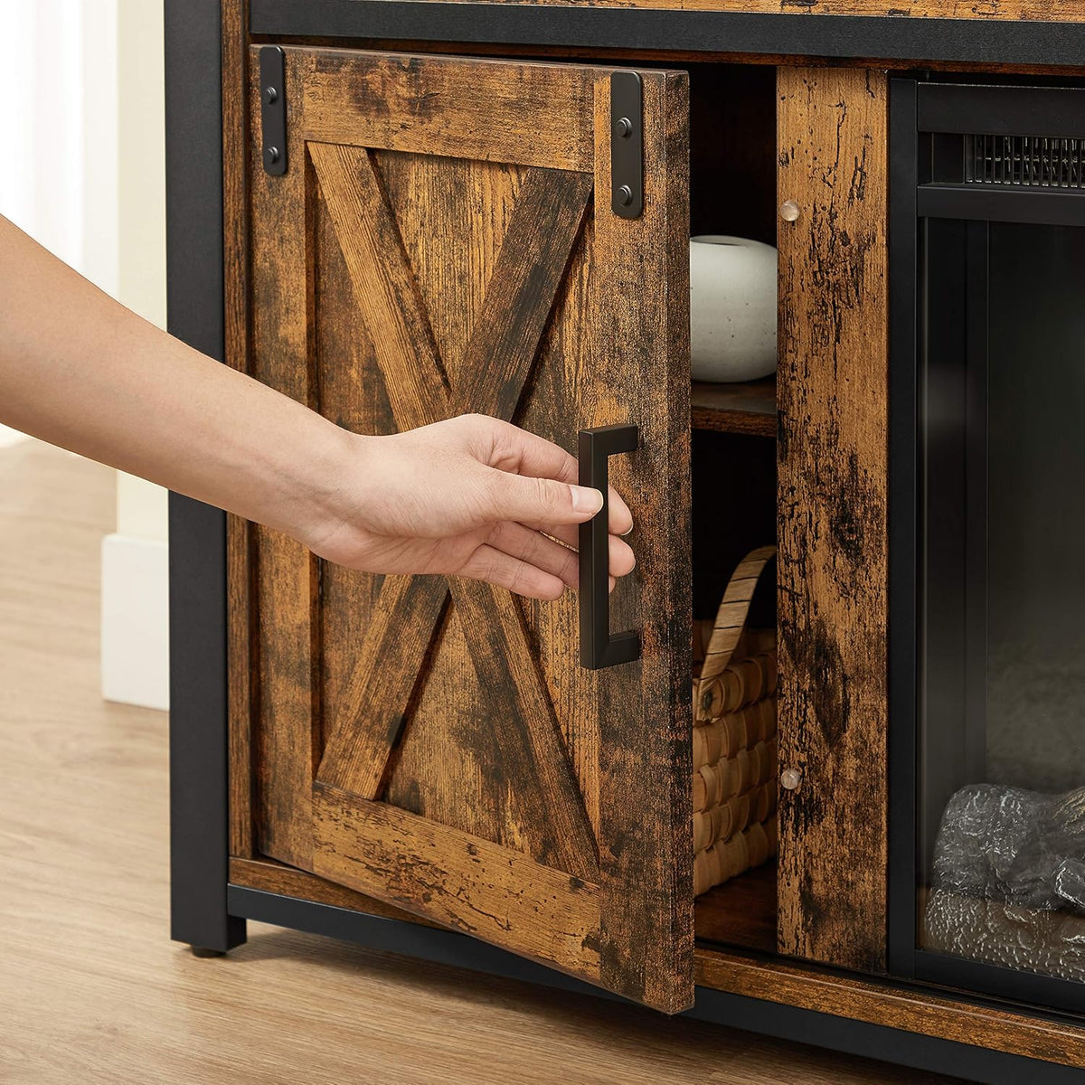 Rustic Brown and Black TV Stand with Fireplace O199