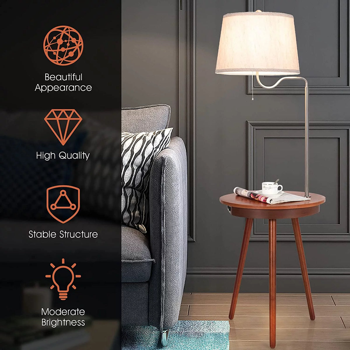Floor Lamp End Table with USB Charging Port, 120V Socket & Wireless Charger N529216