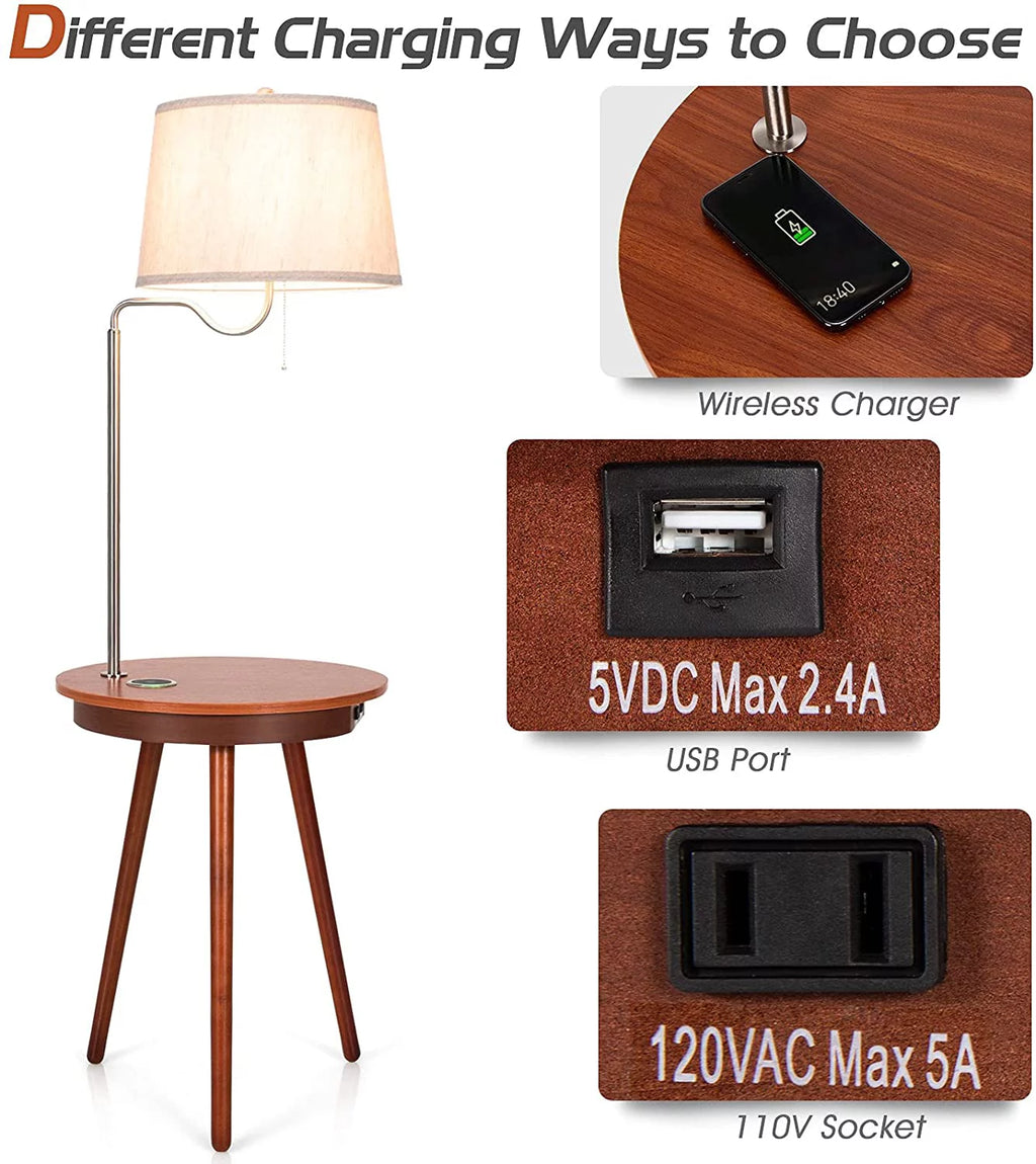 Floor Lamp End Table with USB Charging Port, 120V Socket & Wireless Charger N529216