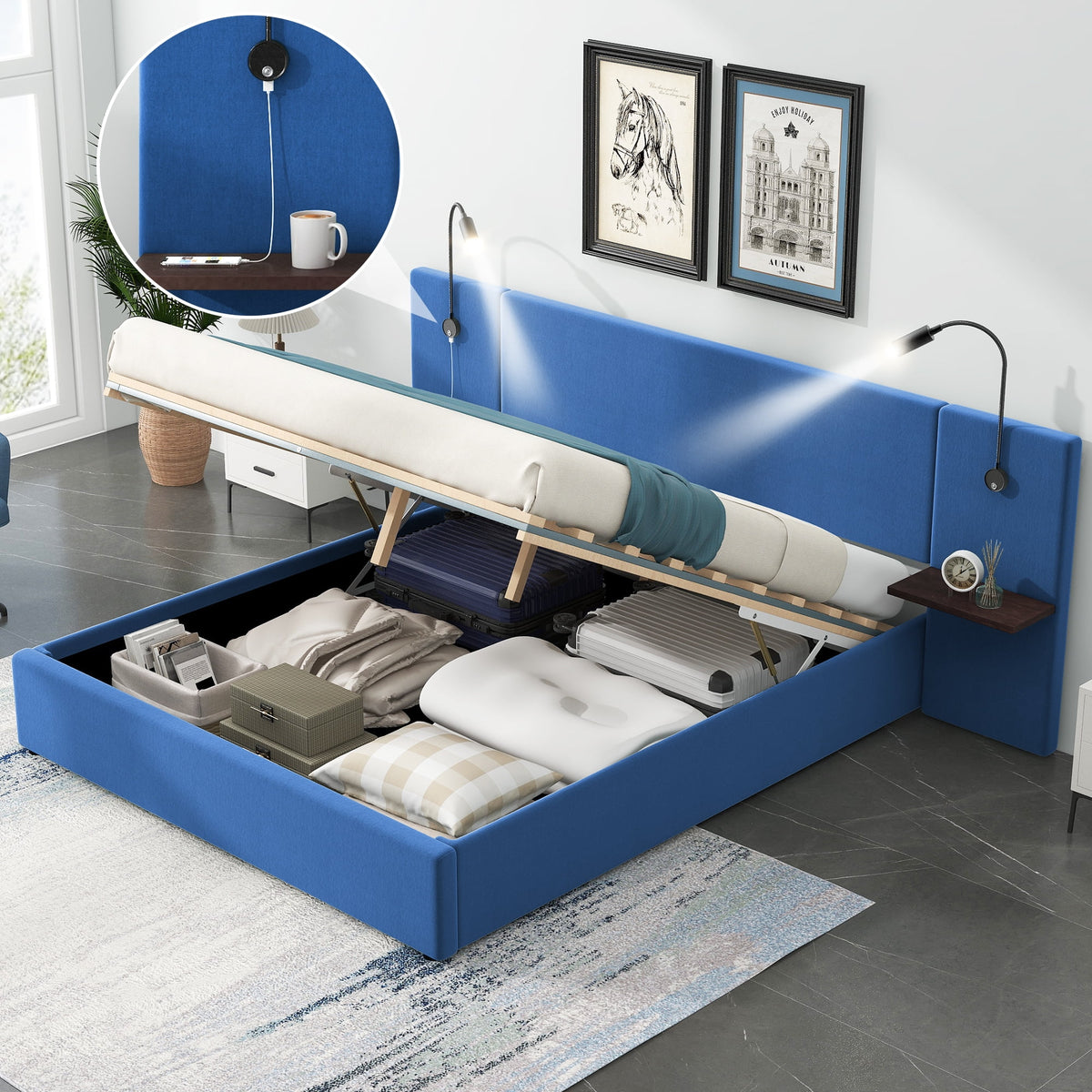 Full Size Upholstered Hydraulic Platform Bed with 2 Shelves, 2 Lights and 4 USB Ports, Blue L573637