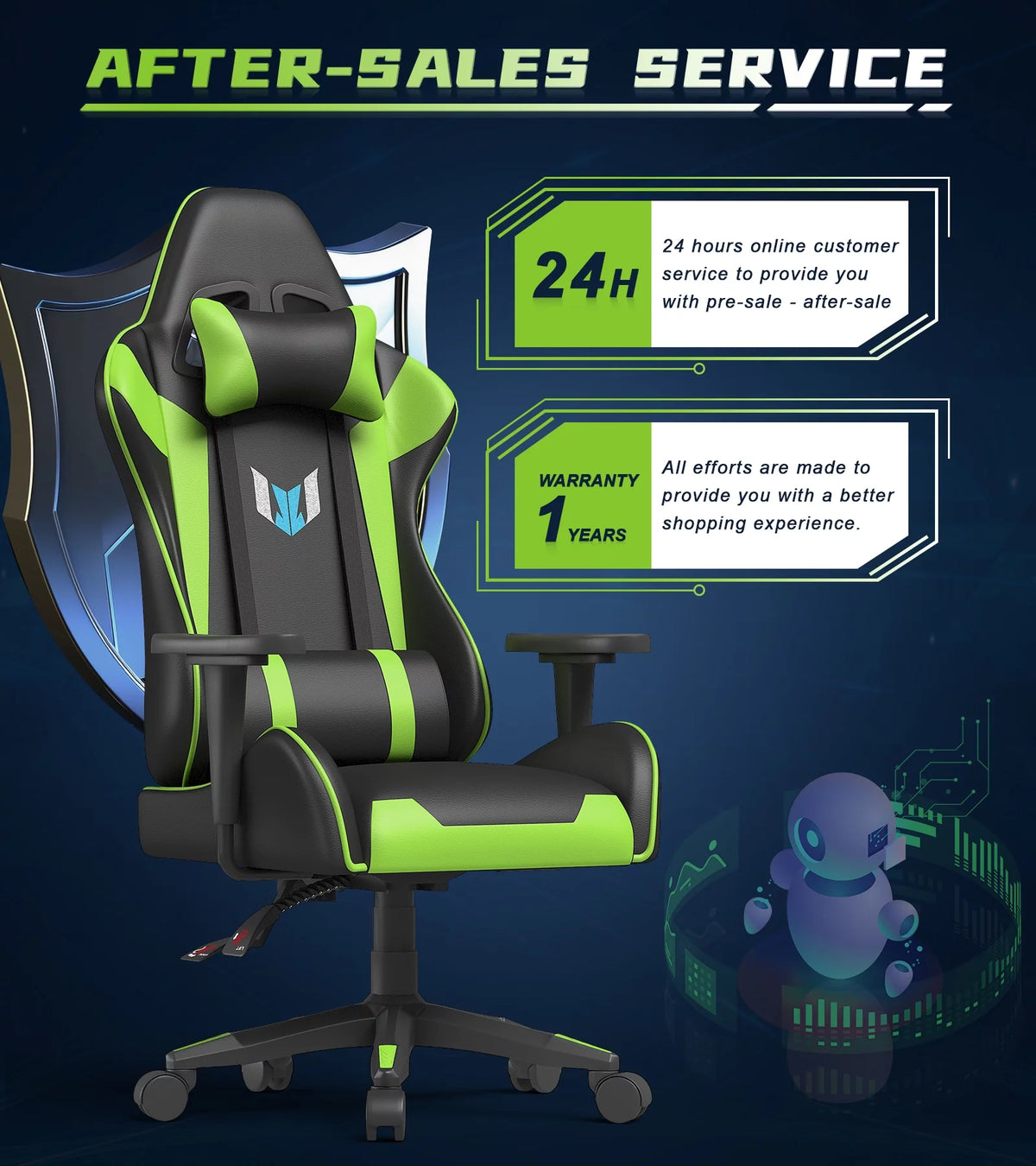 Black Green Gaming Chair with Headrest and Lumbar Support D29530