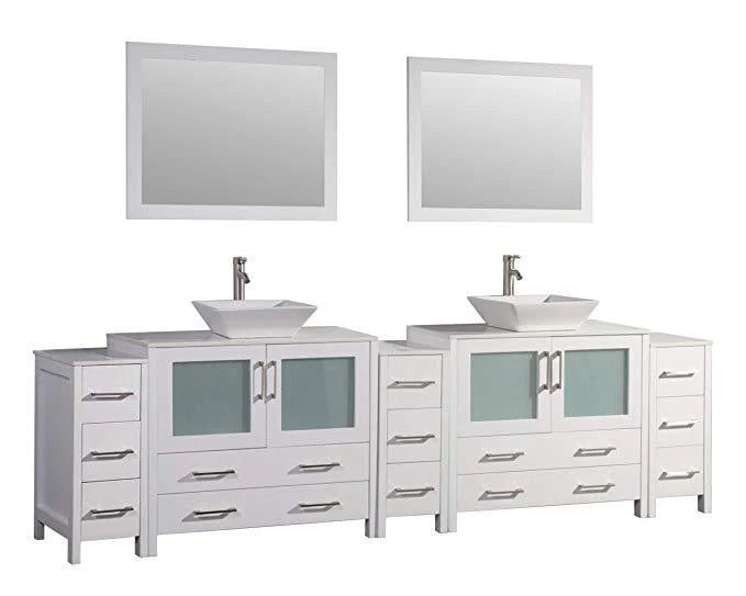 108 in. White Double Sink Vanity Cabinet with Ceramic Vessel Sink & Mirror B543