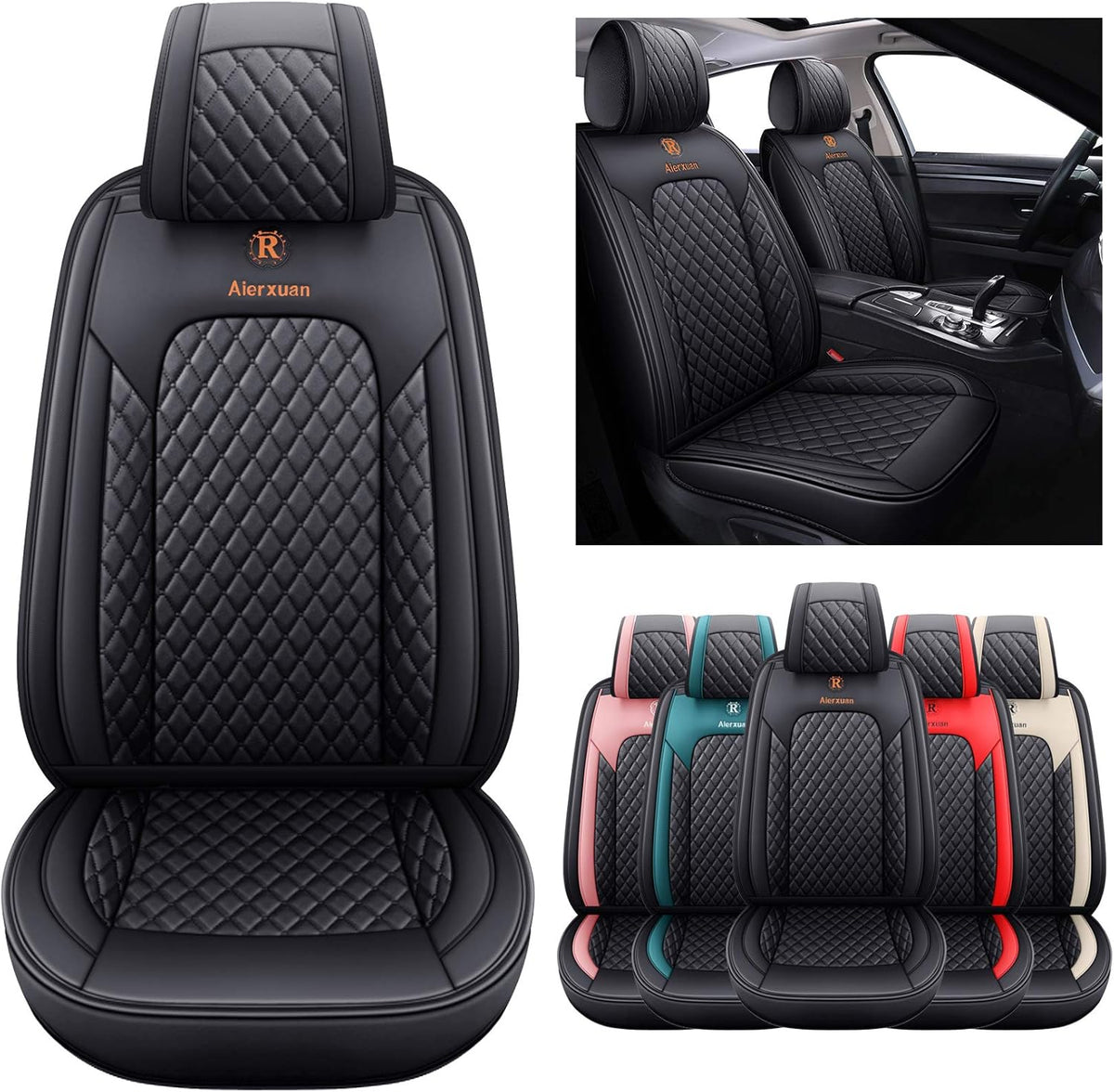 5 Car Seat Covers Full Set Leather Waterproof Universal Fit Black-Green A23279