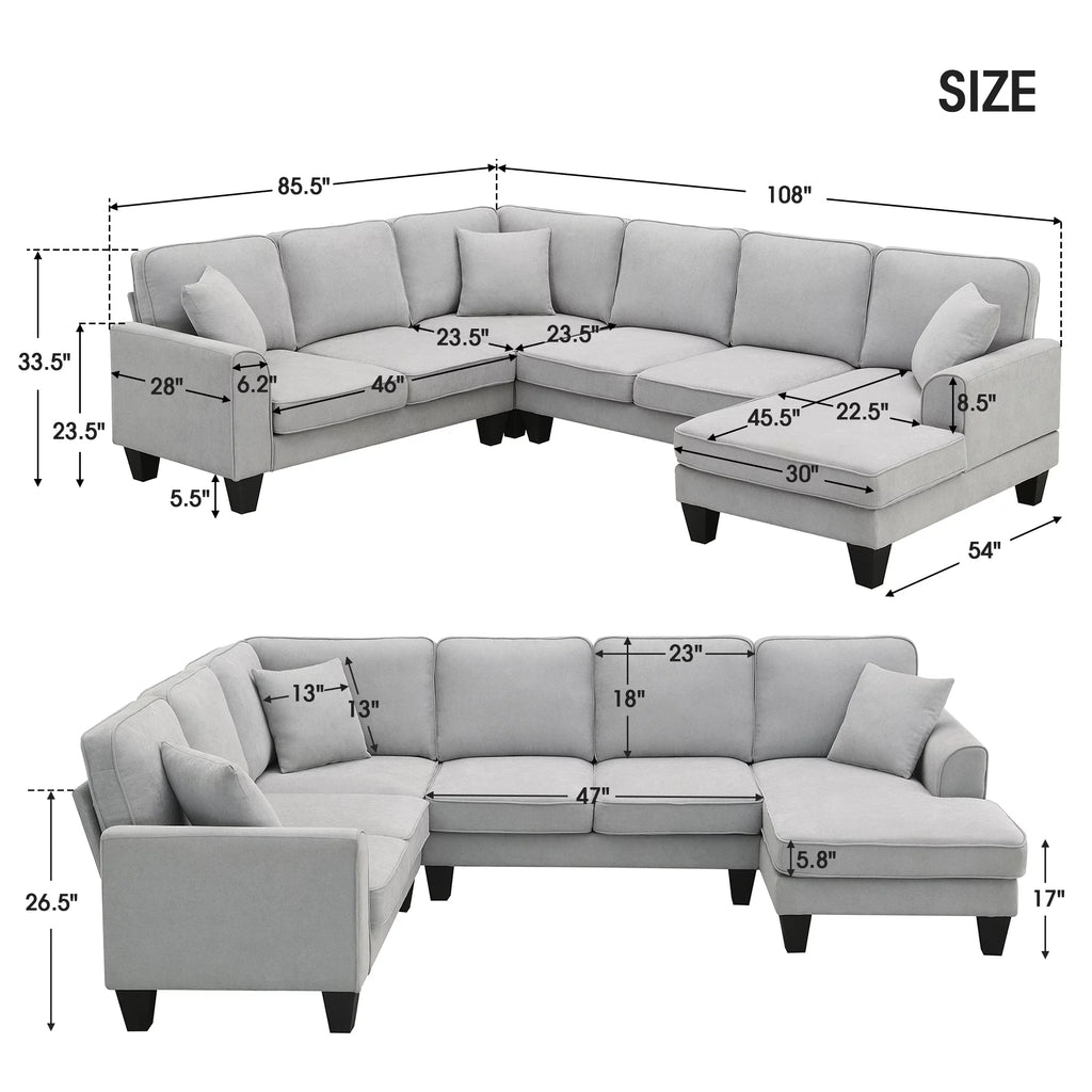 7 Seat Fabric U Shape Sectional Sofa with 3 Pillows G865825