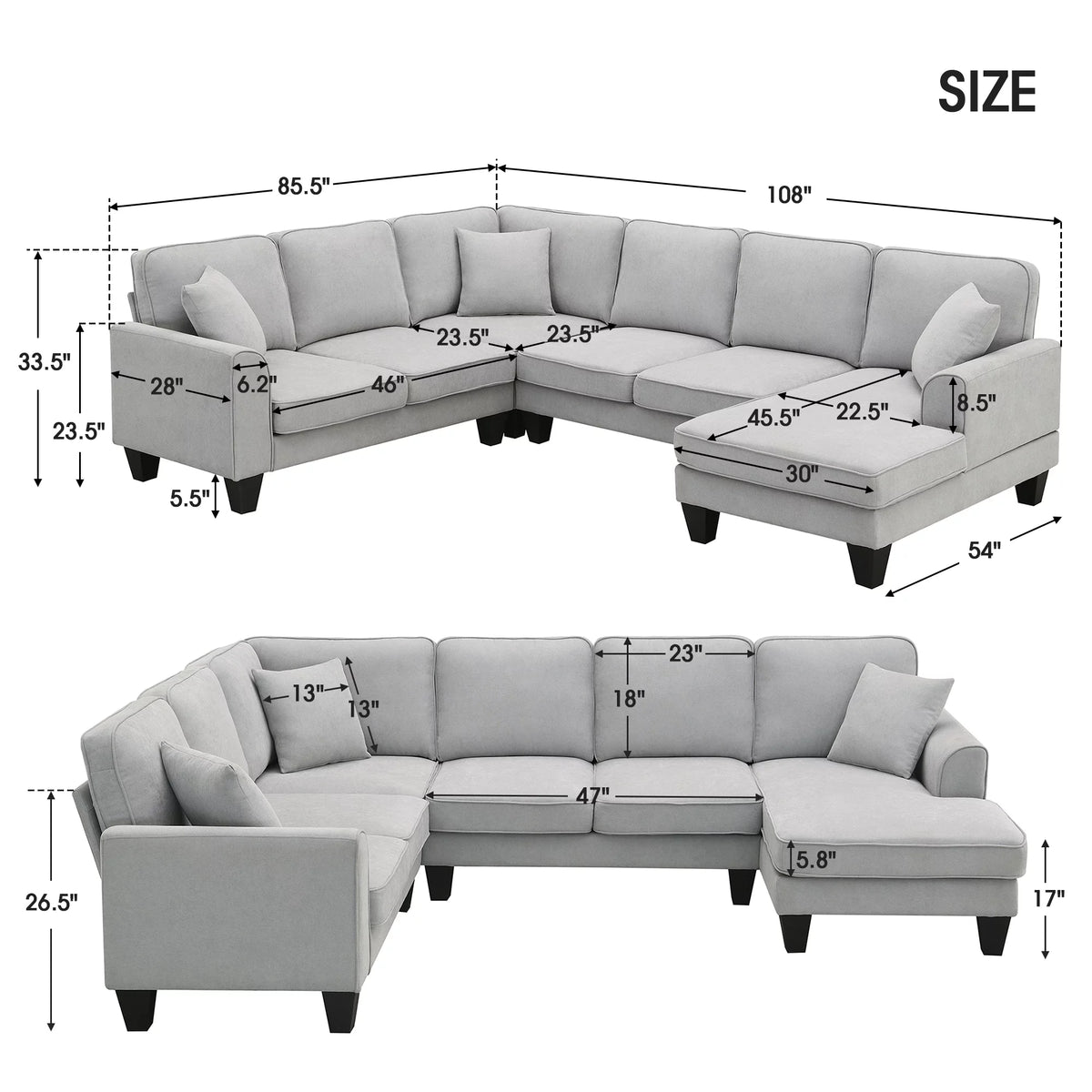 7 Seat Fabric U Shape Sectional Sofa with 3 Pillows G865825
