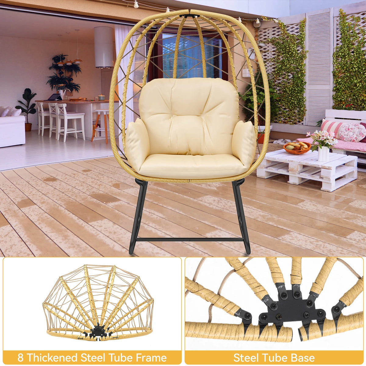 Beige Wicker Egg Chair with Stand and Cushion V4585