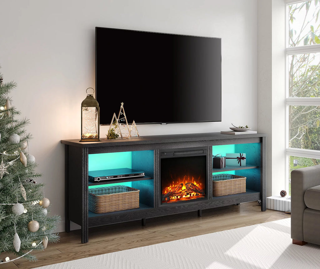 Black Wood Fireplace TV Stand with LED Lights C609883