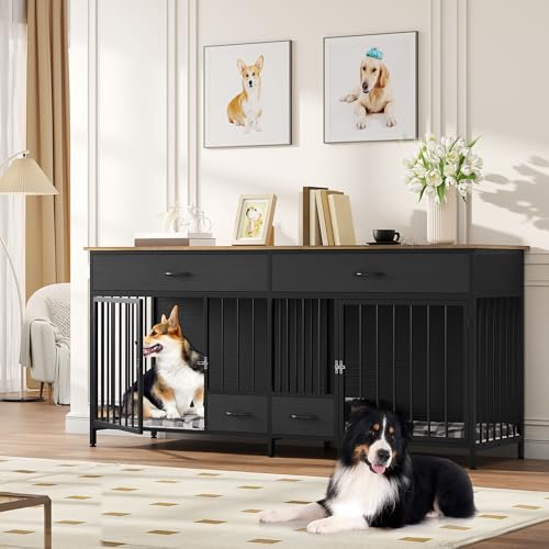 Brown Wooden Double Dog Crate Furniture with Drawers W452