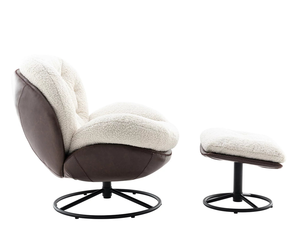White Faux Fur Swivel Accent Chair with Ottoman P8130