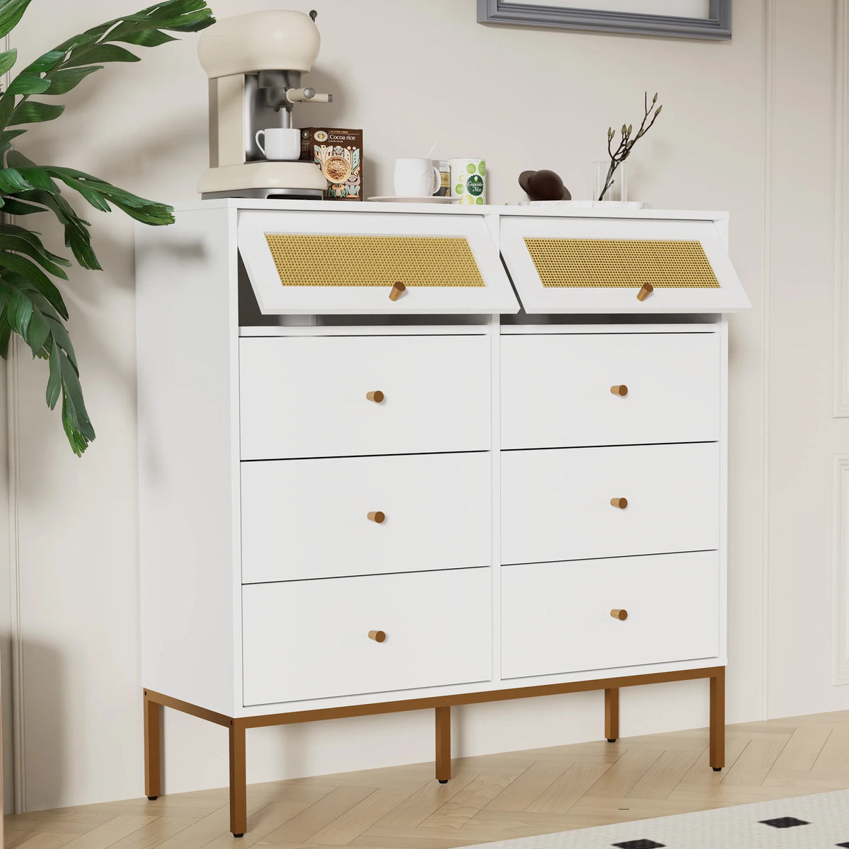 White Rattan 6 Drawer Dresser P99864