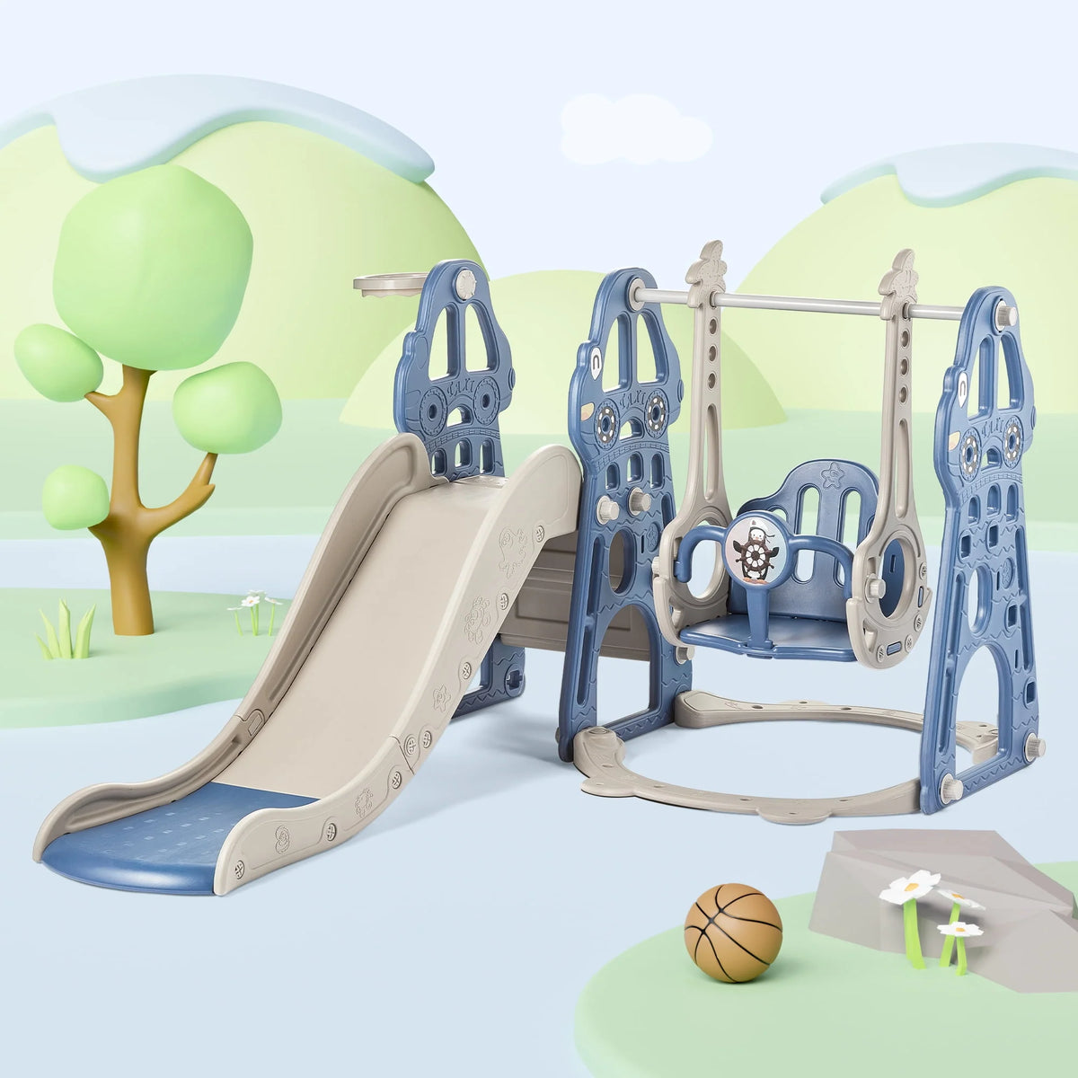 4-in-1 Kids Swing and Slide Set with Basketball Hoop and Climber P684
