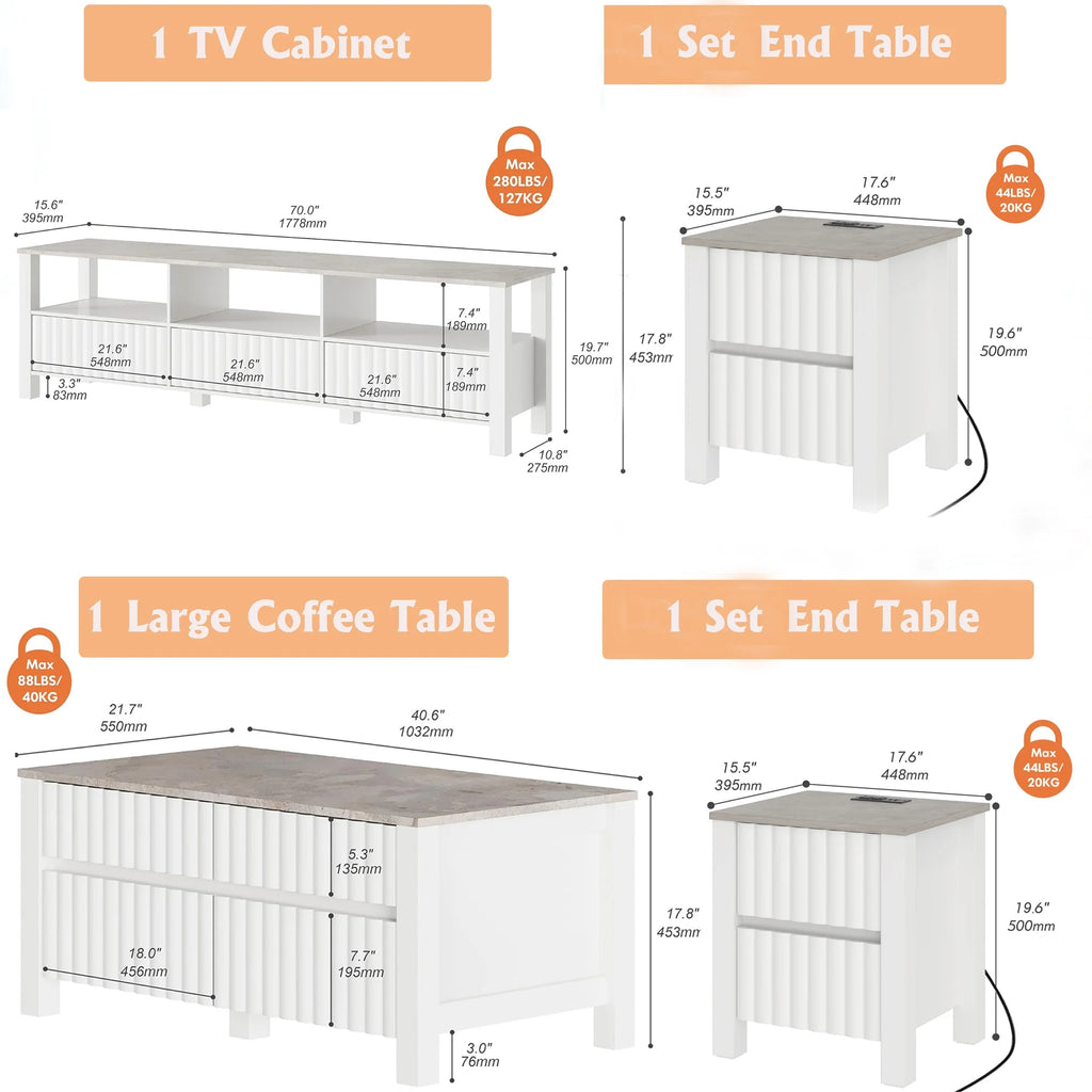 White 4 Piece Living Room Table Set with Storage Drawers and Charging Station W381676