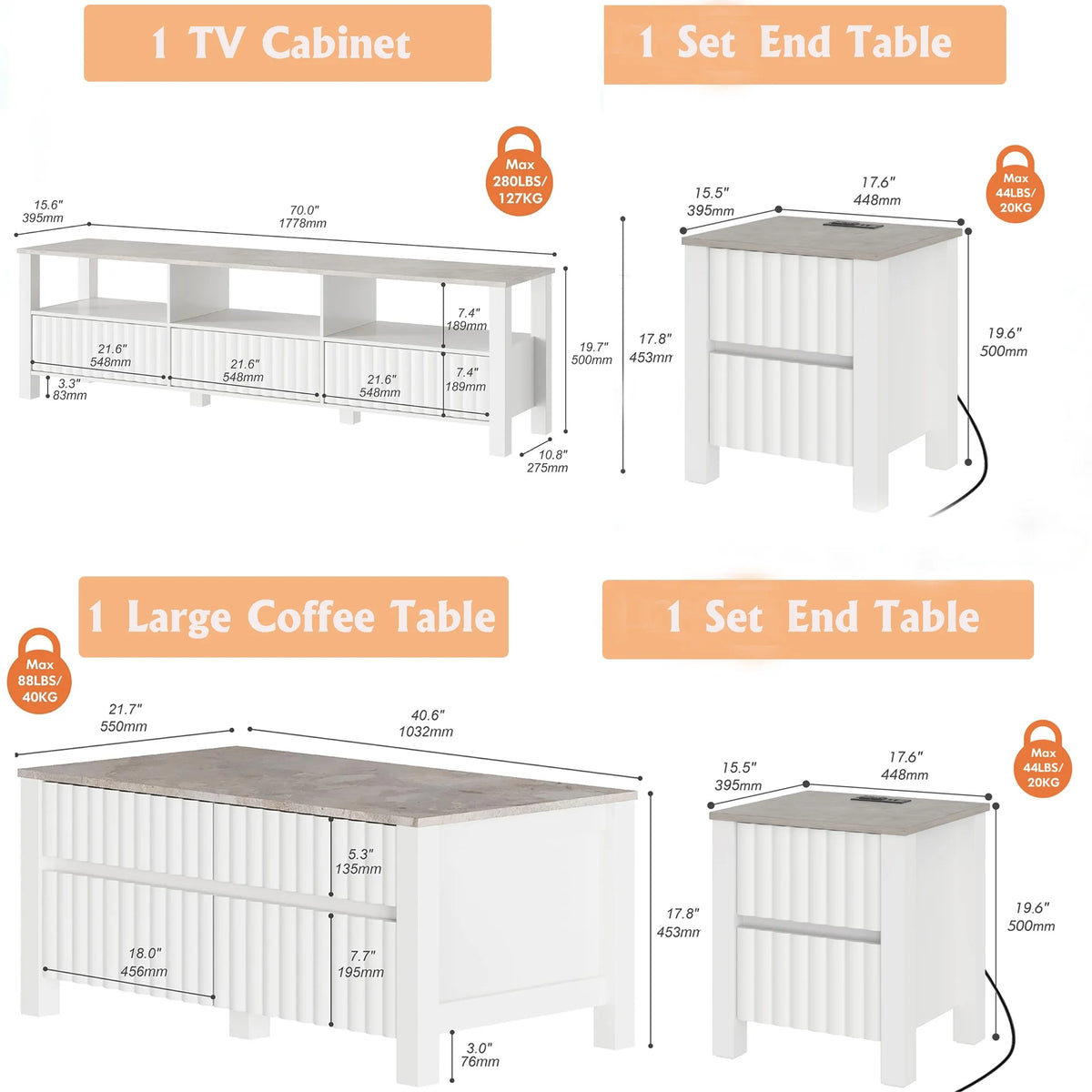 White 4 Piece Living Room Table Set with Storage Drawers and Charging Station W381676