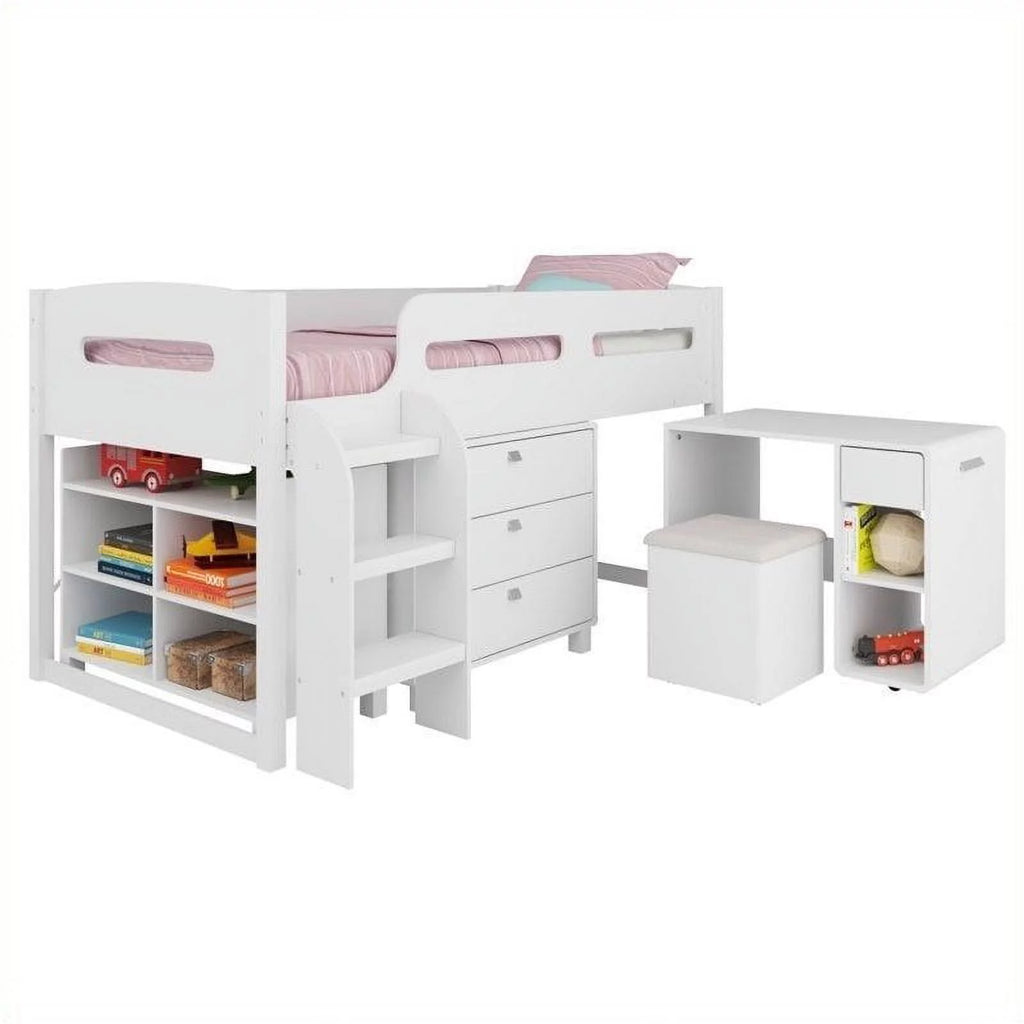 White 5pc Engineered Wood Loft Bed Set with Desk E2379