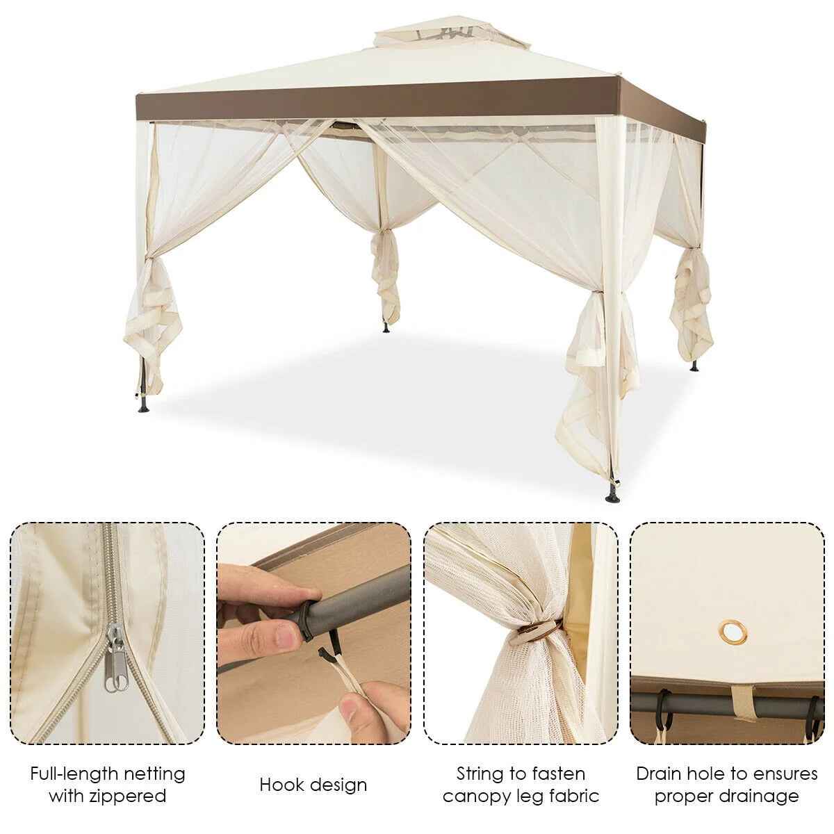 10' x 10' Beige Canopy Gazebo with Mosquito Netting Z647
