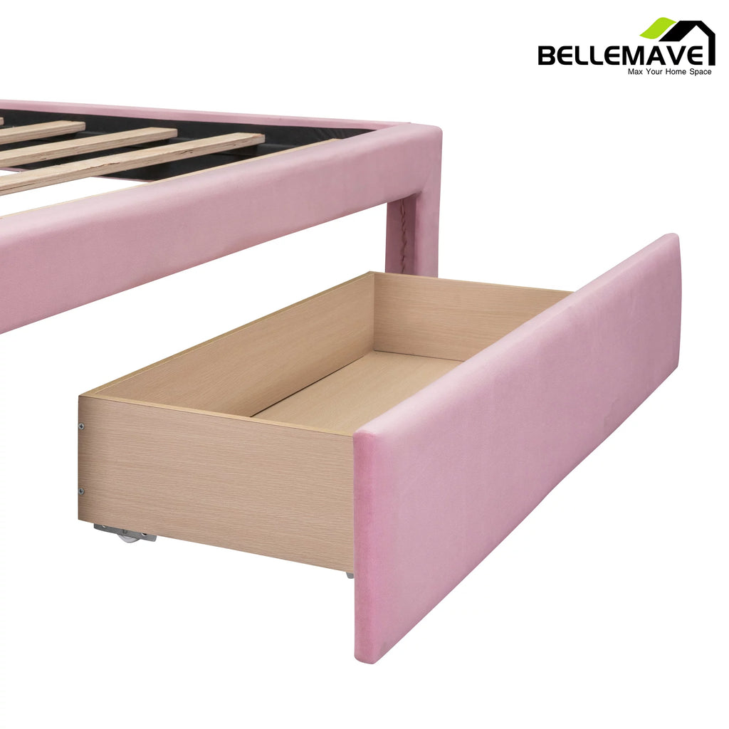 Full Size Pink Velvet Upholstered Platform Bed with Drawer N48613
