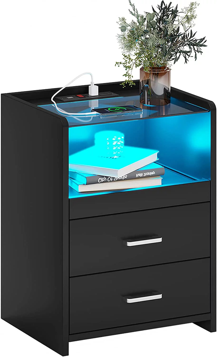 Black 2 Drawer Nightstand with Charging Station and LED Light D729