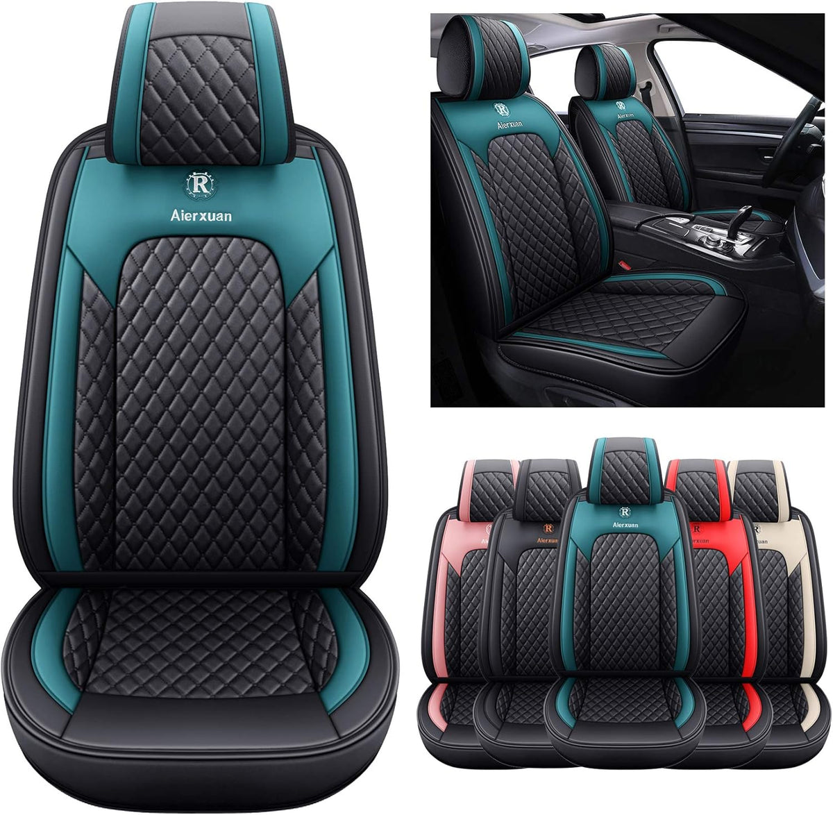 5 Car Seat Covers Full Set Leather Waterproof Universal Fit Black-Green A23279