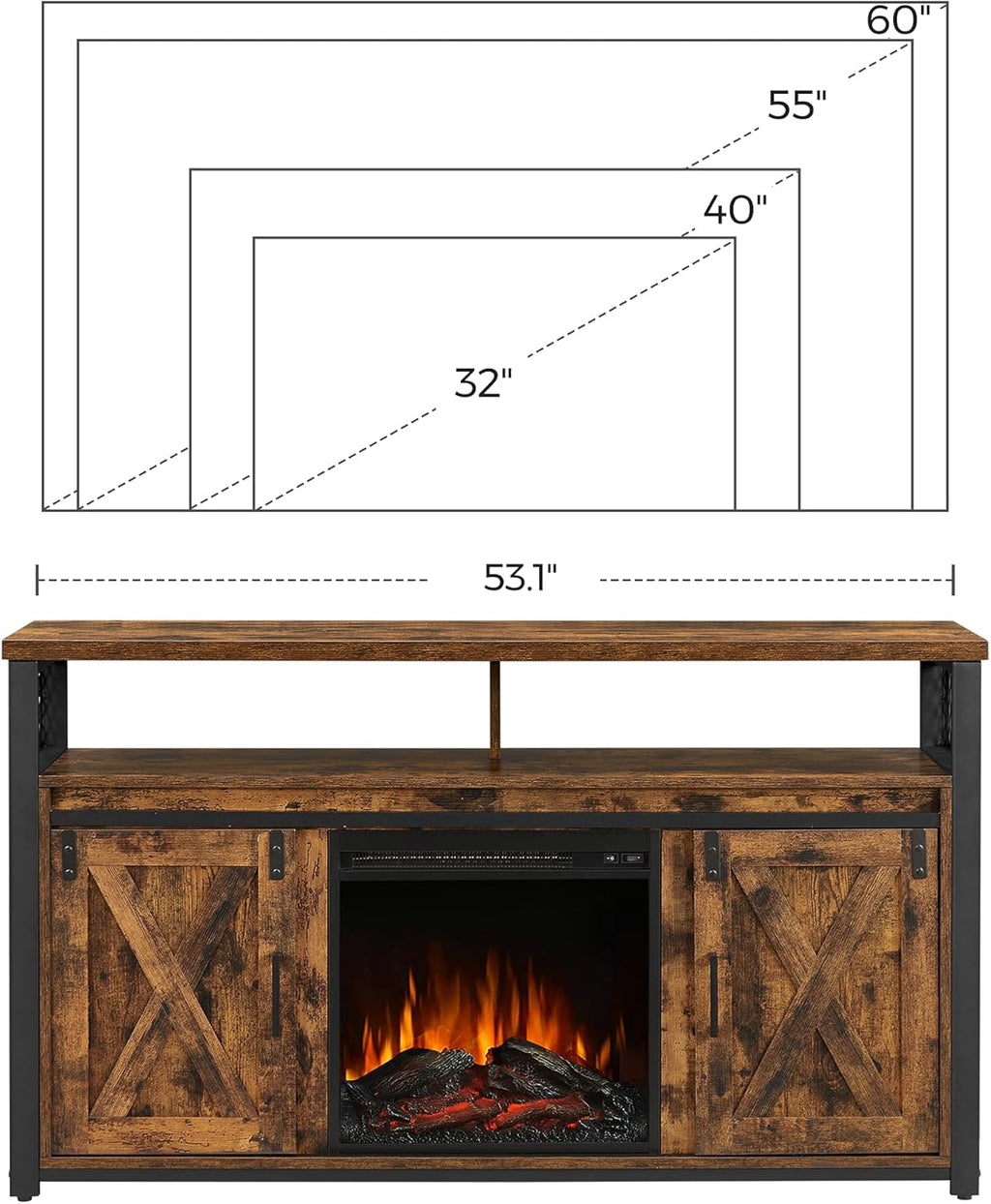 Rustic Brown and Black TV Stand with Fireplace O199