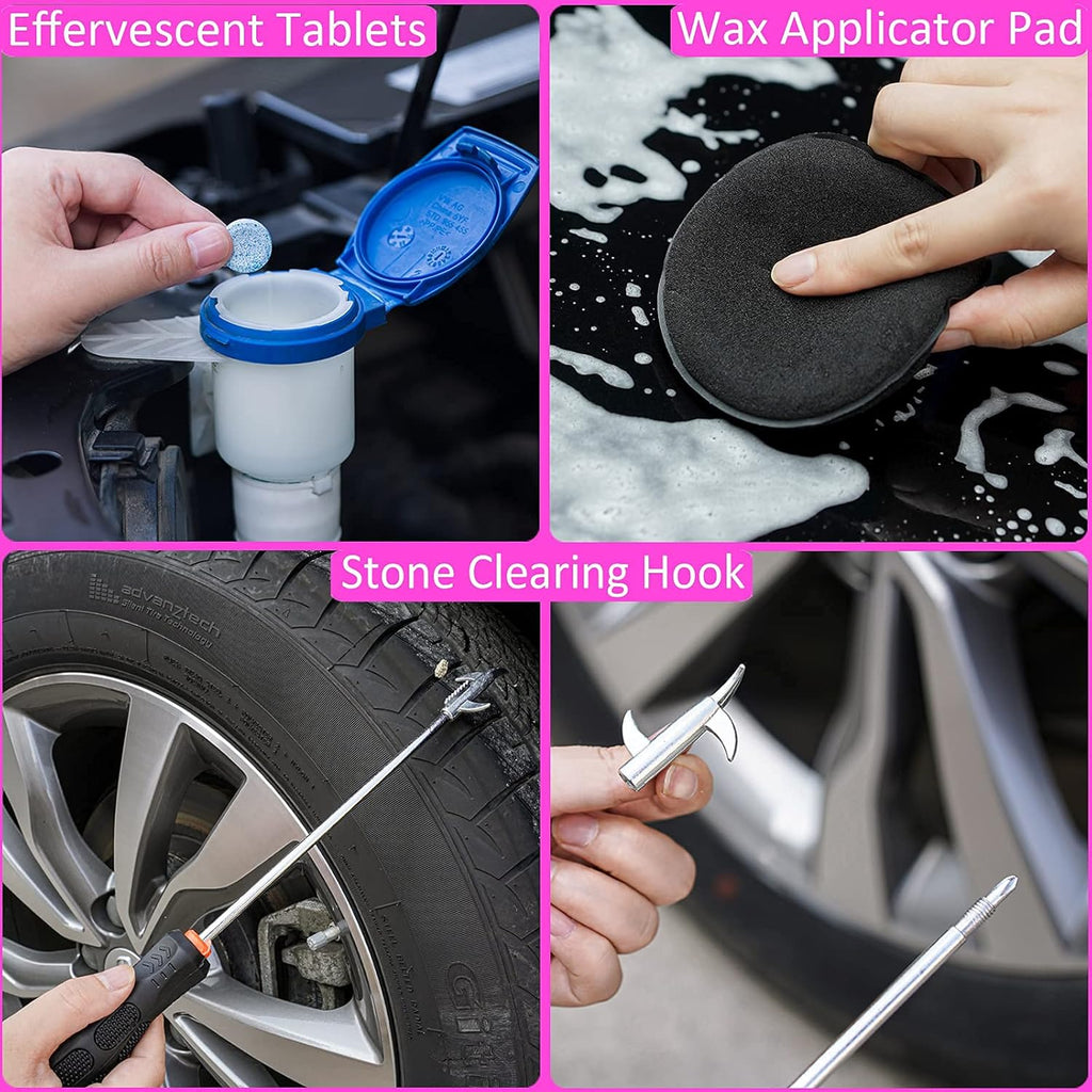 29Pcs Car Cleaning Kit Wash Tools Set with Long Handle Brush Mop, Extendable Pole, Wash Mitt, Towels, Storage Box, Pink V53439