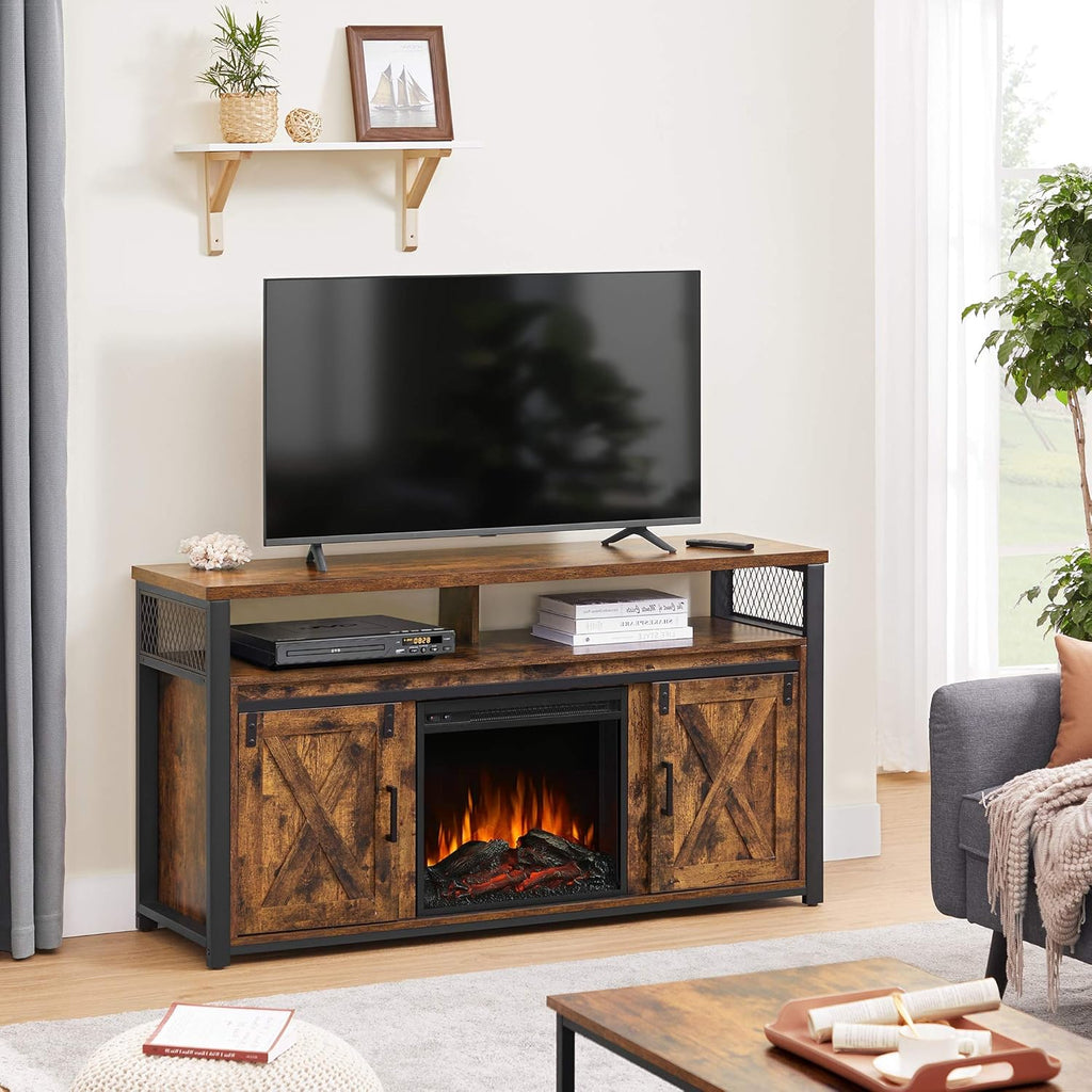 Rustic Brown and Black TV Stand with Fireplace O199