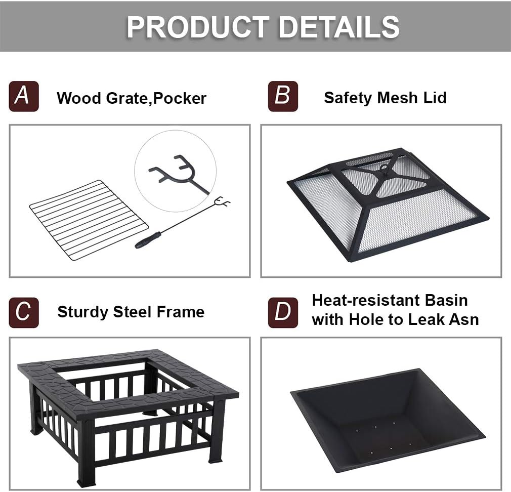 32'' Black Metal Square Wood Burning Fire Pit V485224