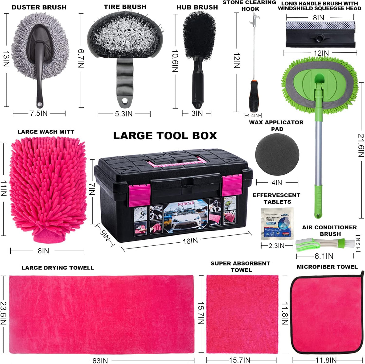 29Pcs Car Cleaning Kit Wash Tools Set with Long Handle Brush Mop, Extendable Pole, Wash Mitt, Towels, Storage Box, Pink V53439
